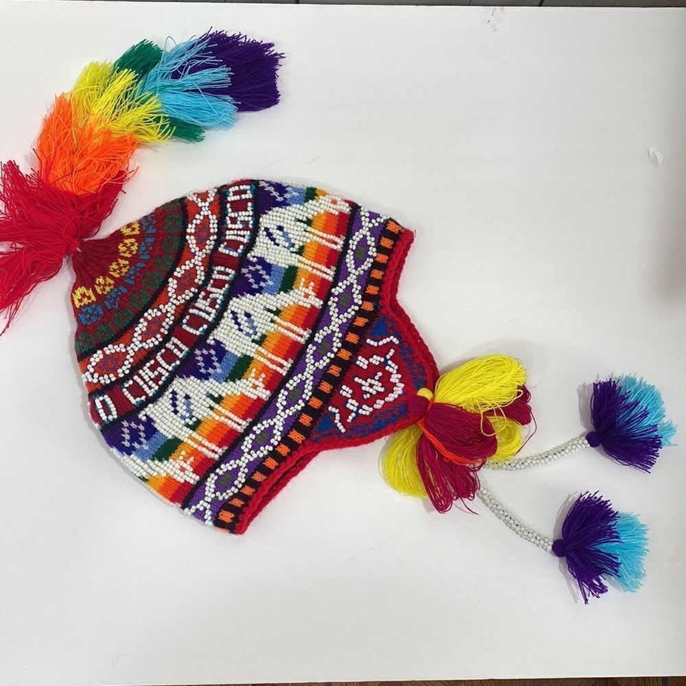 Colorful Andean Peruvian Knit Tassel Winter Hat Beaded Embroidered Boho
